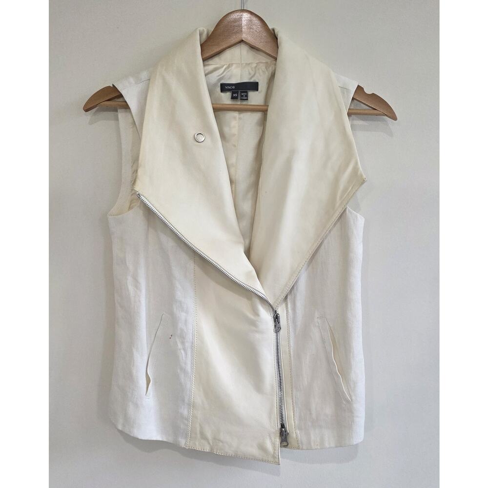 Vince Cream Linen Leather‎ Asymmetrical Moto Vest XS